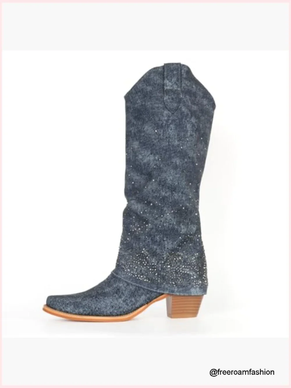 Rhinestone Denim Cowgirl Boots Fold Over Knee High Chunky Heel Pointed Toe
